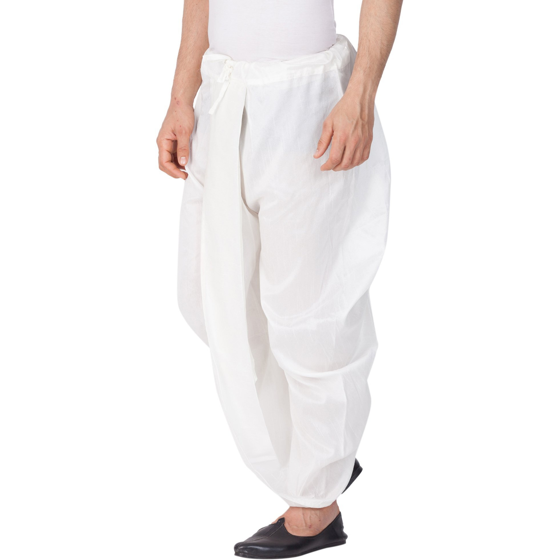 VASTRAMAY Men's White Silk Blend Readymade Elastic Traditional Dhoti  Comfortable Pre-Stitched Dhoti for Weddings, Festivals, and Special Occasions