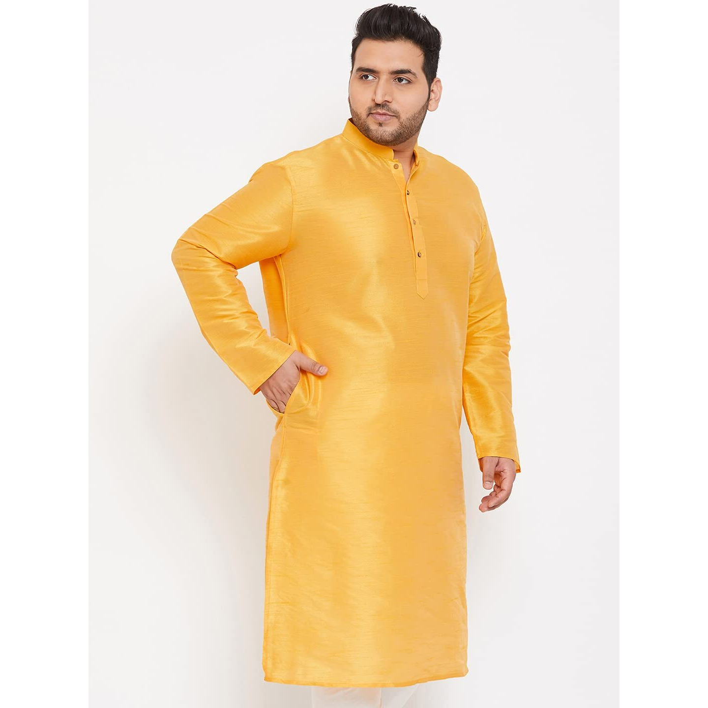 VM Mens Silk Blend Yellow Kurta - Elegance for Festivals & Events | Banarasi Silk with Slight Cotton mix Solid Full Sleeves Chinese Collar Kurta | Classic Design, Premium Comfort, and Versatile Style