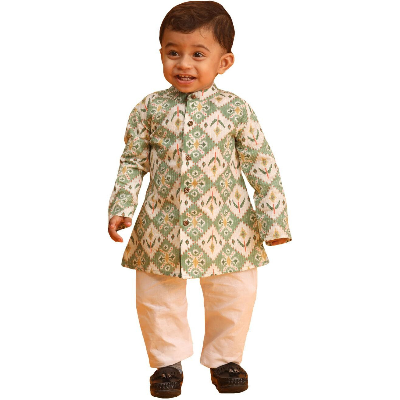 VASTRAMAY Infant Boys Green And White Cotton Blend Kurta Pyjama Set_VSHISBK186GNnPWH_14