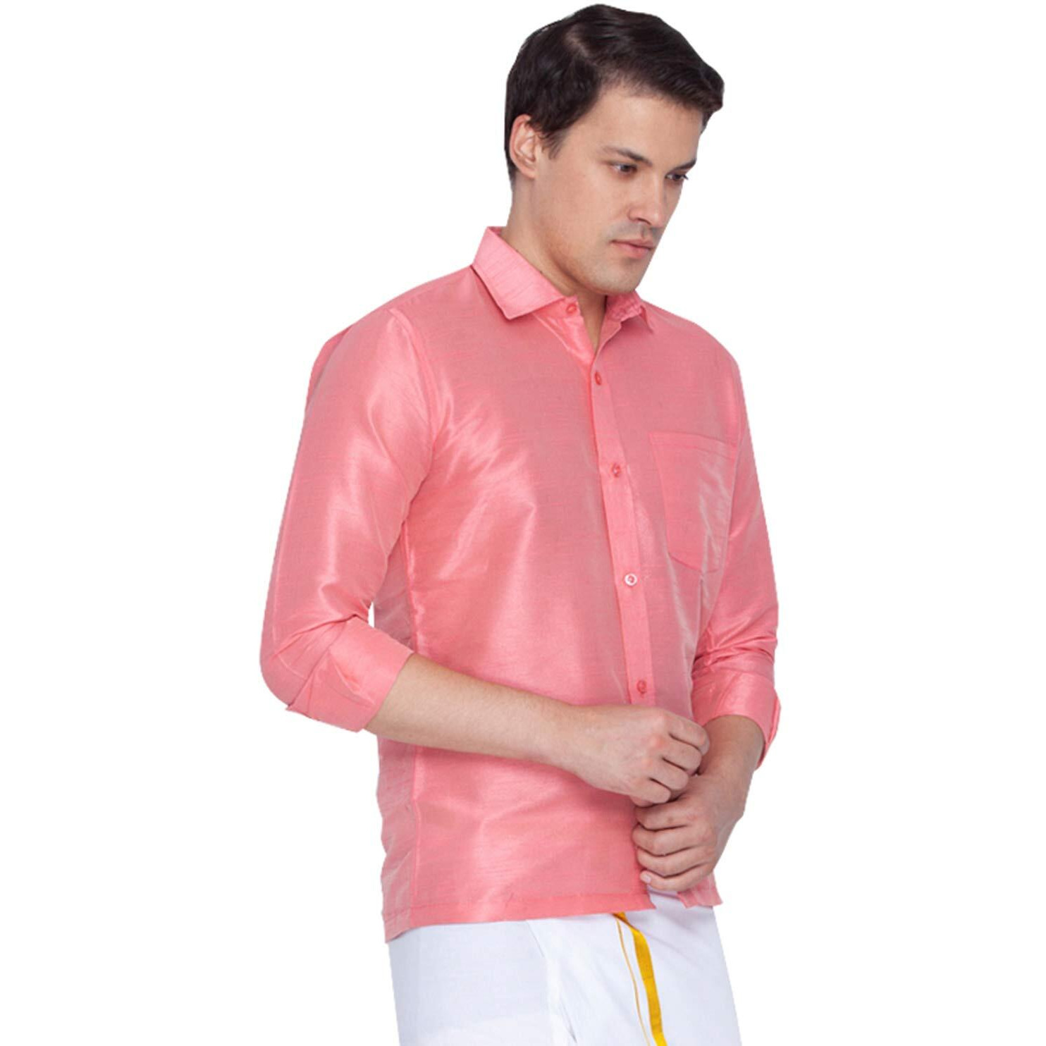 VASTRAMAY Men's Pink Silk Blend Ethnic Shirt Full Sleeves, South Indian Traditional Chennai/Madras Shirt, For Festive, Wedding, Casual & Party Wea (S - XL)