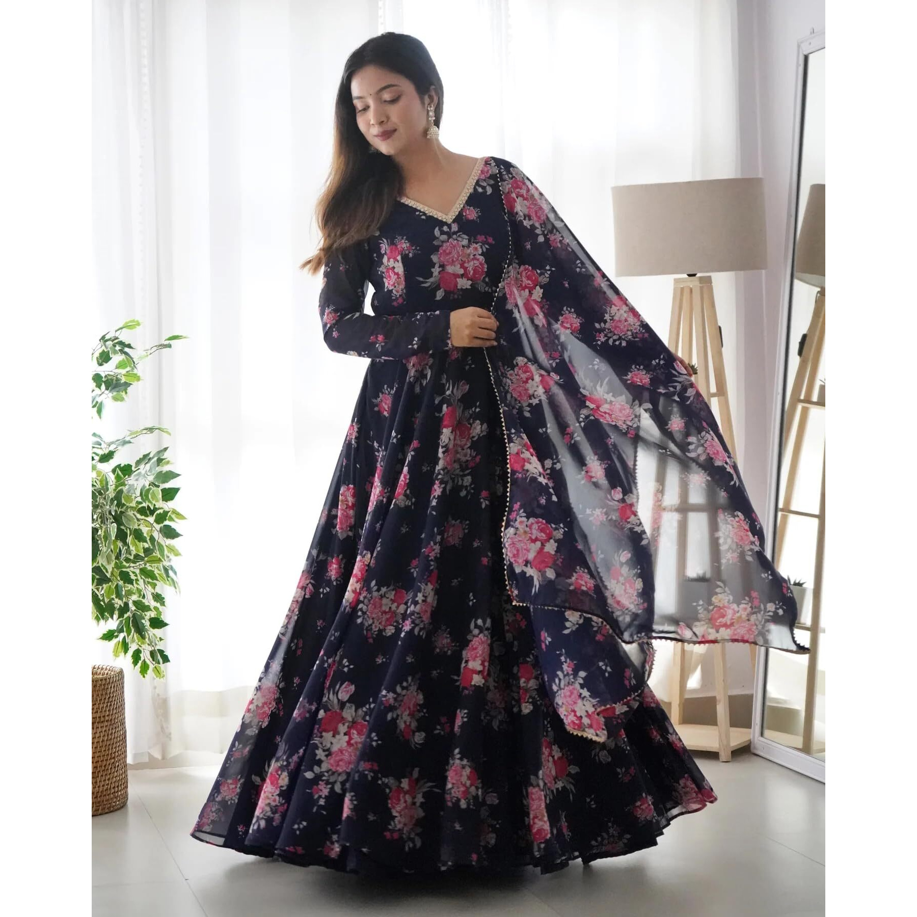 Wedani Women Floral Print Anarkali Kurta with Pant and Duptta (Large, Navy)