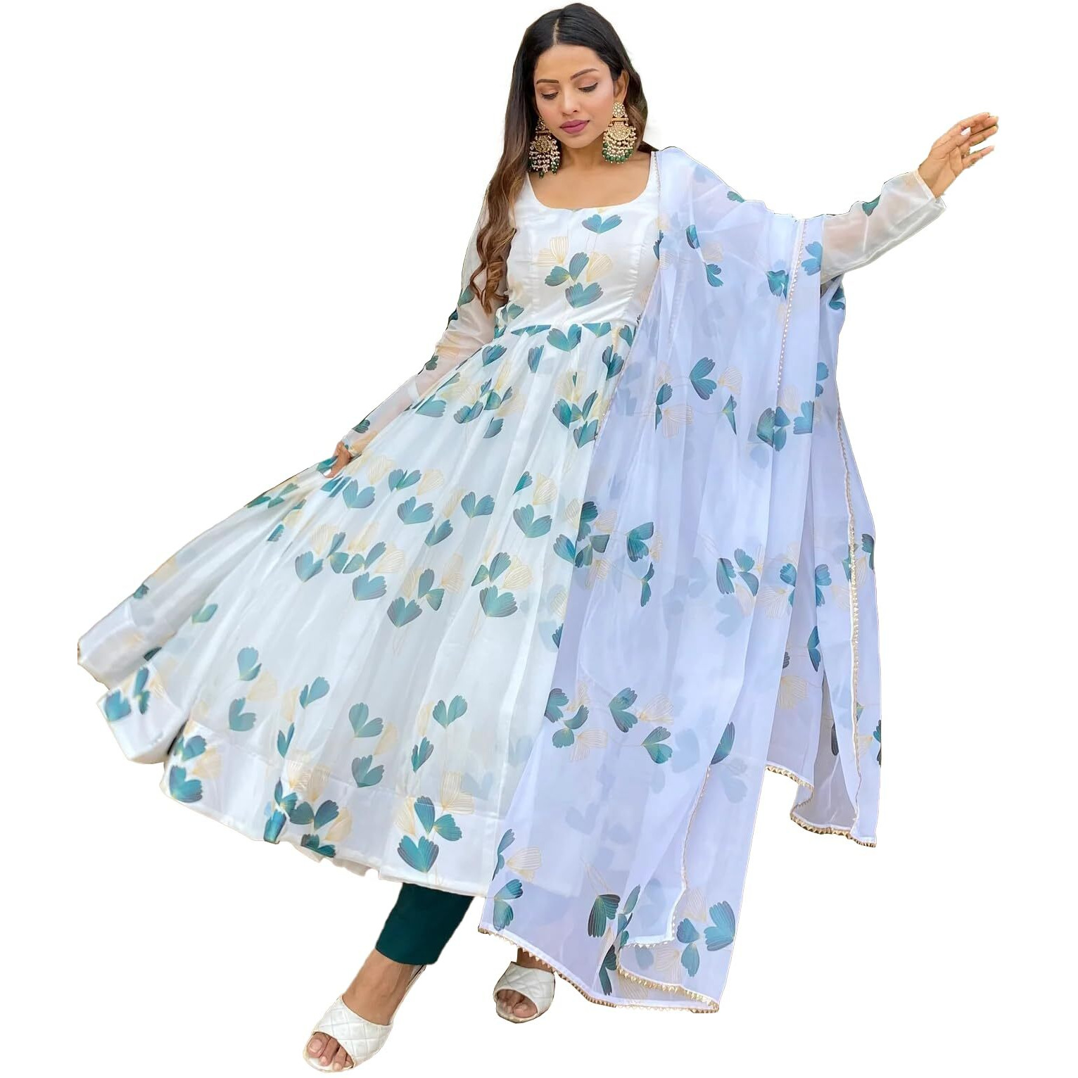 Women Floral Print Anarkali Kurta with Pant and Duptta (Large, White)