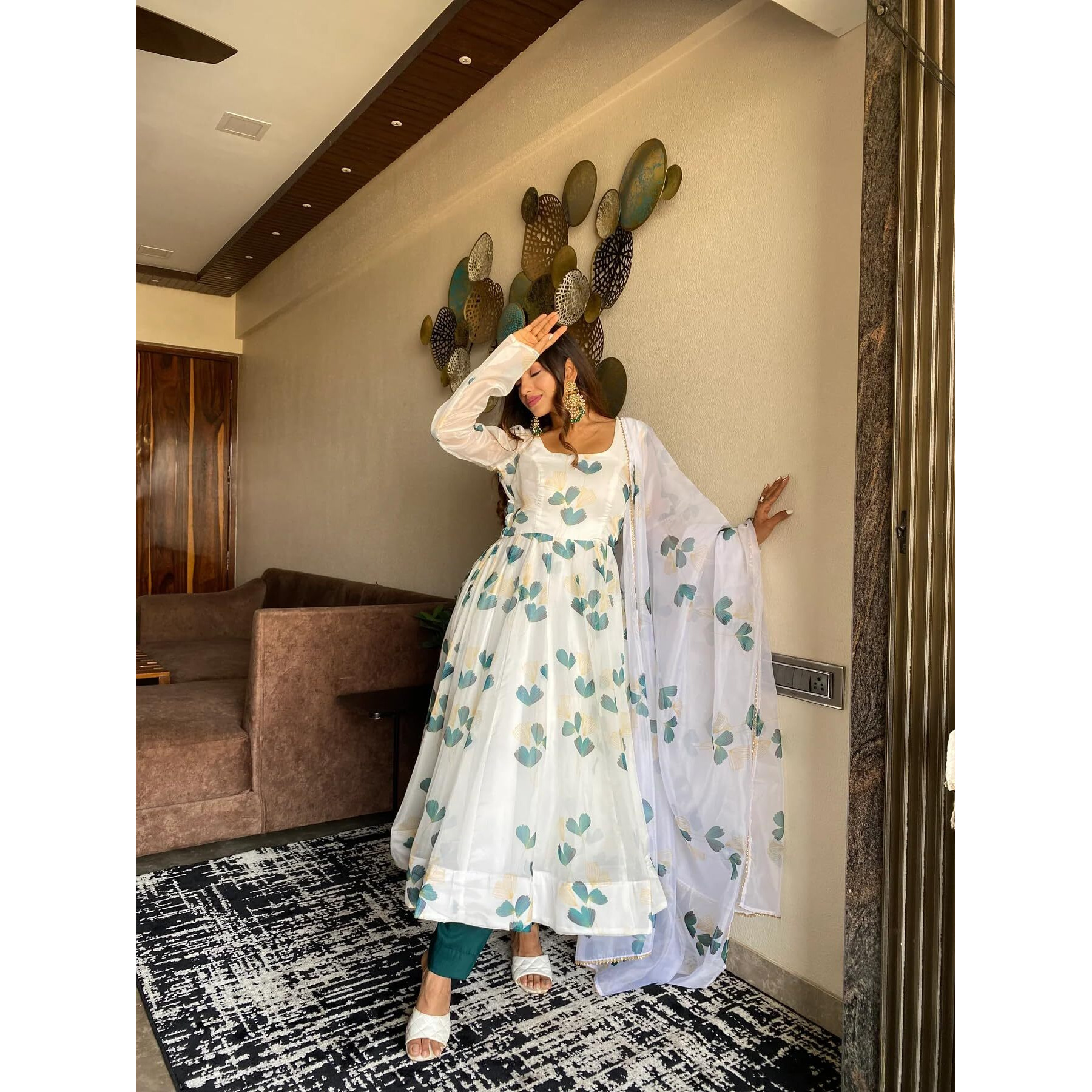 Women Floral Print Anarkali Kurta with Pant and Duptta (Large, White)