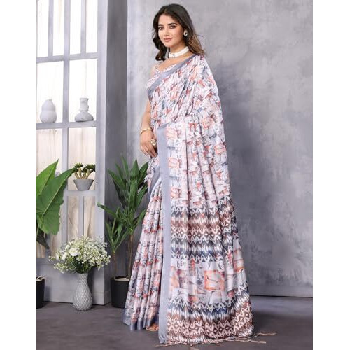 Yashika Women's Digital Print Art Silk Cotton Saree with Tassels and Golden Border - Lightweight and Elegant Ethnic Wear for Festive and Casual Occasions (AZ-YS-P3-PUSHPA 16)