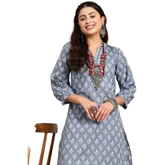 Yashika Women's Trendy Printed Cotton Blend Straight Grey Color Kurta and Afghani Pant Set(YS-KS2070-XXL)