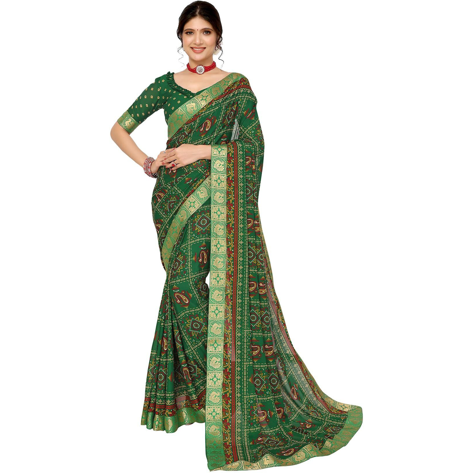 Yashika Women's Woven Printed Georgette Jacquared lace Saree with Unstitched Blouse Material (AZ-YS-P1-AKSHARA-CHARITHA-Parent_Green)