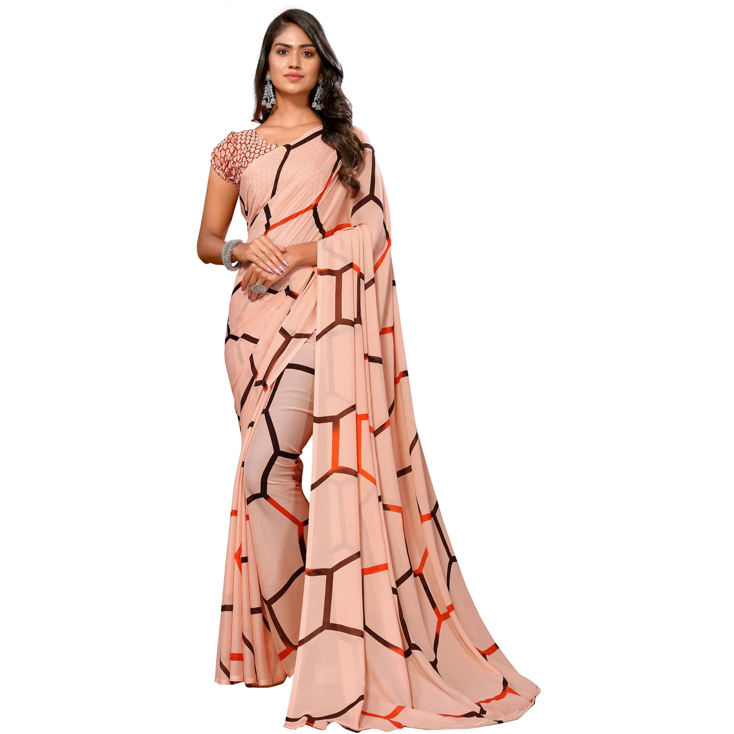 Yashika Women's Trendy Georgette Peach Color Saree with Blouse Material(ANSHI PEACH)