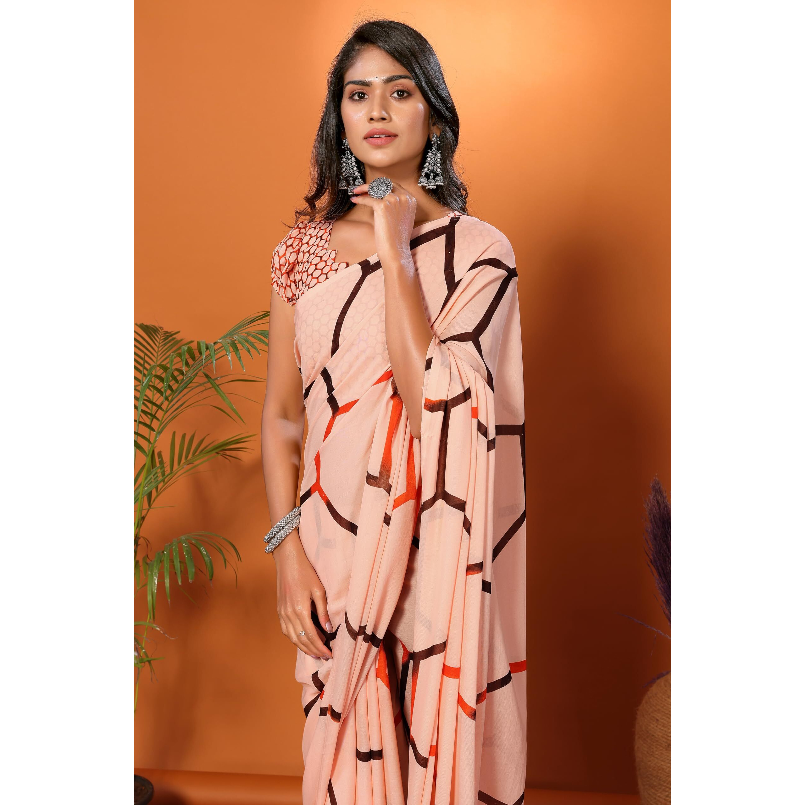 Yashika Women's Trendy Georgette Peach Color Saree with Blouse Material(ANSHI PEACH)