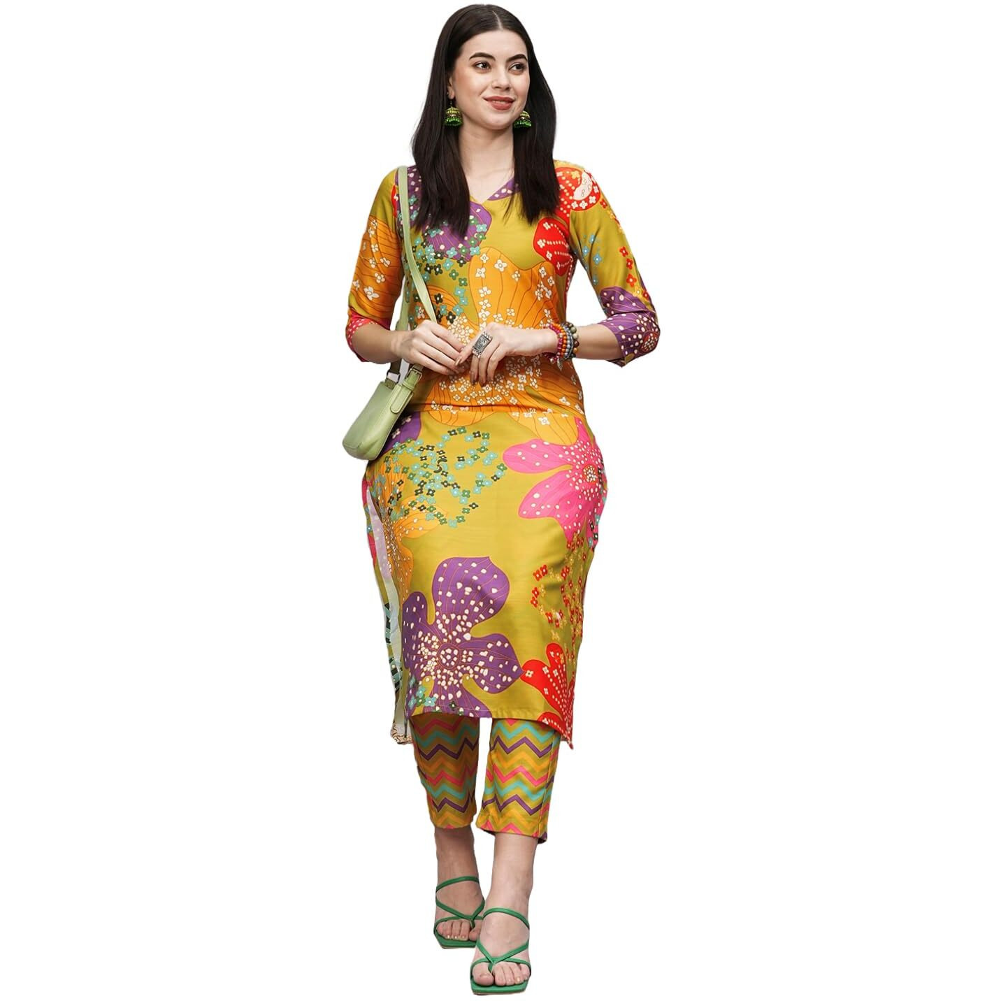 ANNI DESIGNER Women's Cotton Blend Straight Fit Printed Kurta with Pant (Wahida Yellow_M_Yellow_Medium)