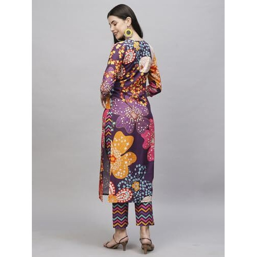 ANNI DESIGNER Women's Cotton Blend Straight Printed Kurta with Pant (Wahida Purple_M_Purple_Medium)