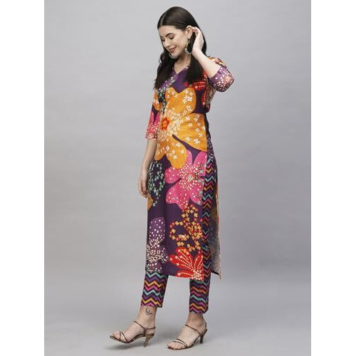 ANNI DESIGNER Women's Cotton Blend Straight Printed Kurta with Pant (Wahida Purple_M_Purple_Medium)