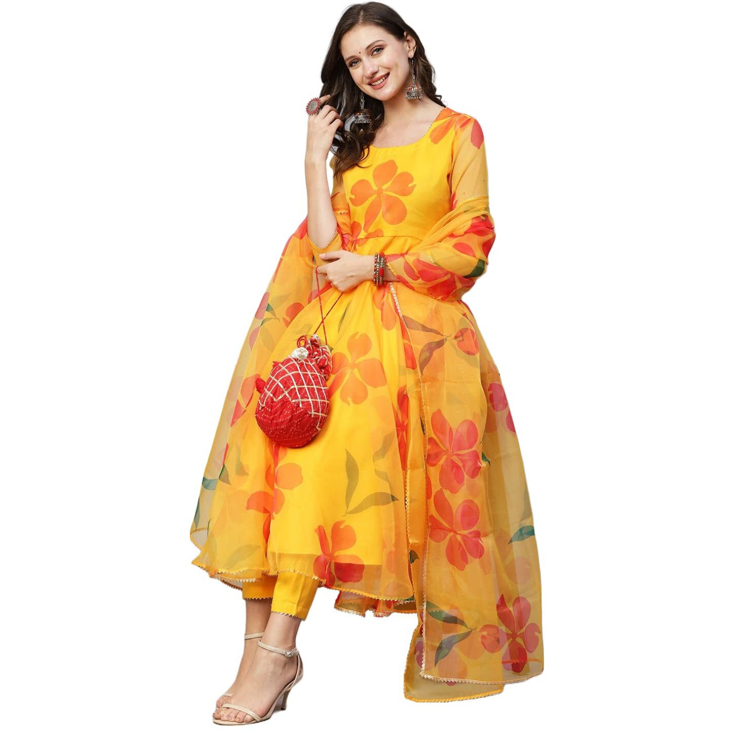 ANNI DESIGNER Women's Organza Anarkali Floral Printed Kurta with Pant & Dupatta (BHUJ-Yellow-NW_XXL_Yellow_XX-Large)
