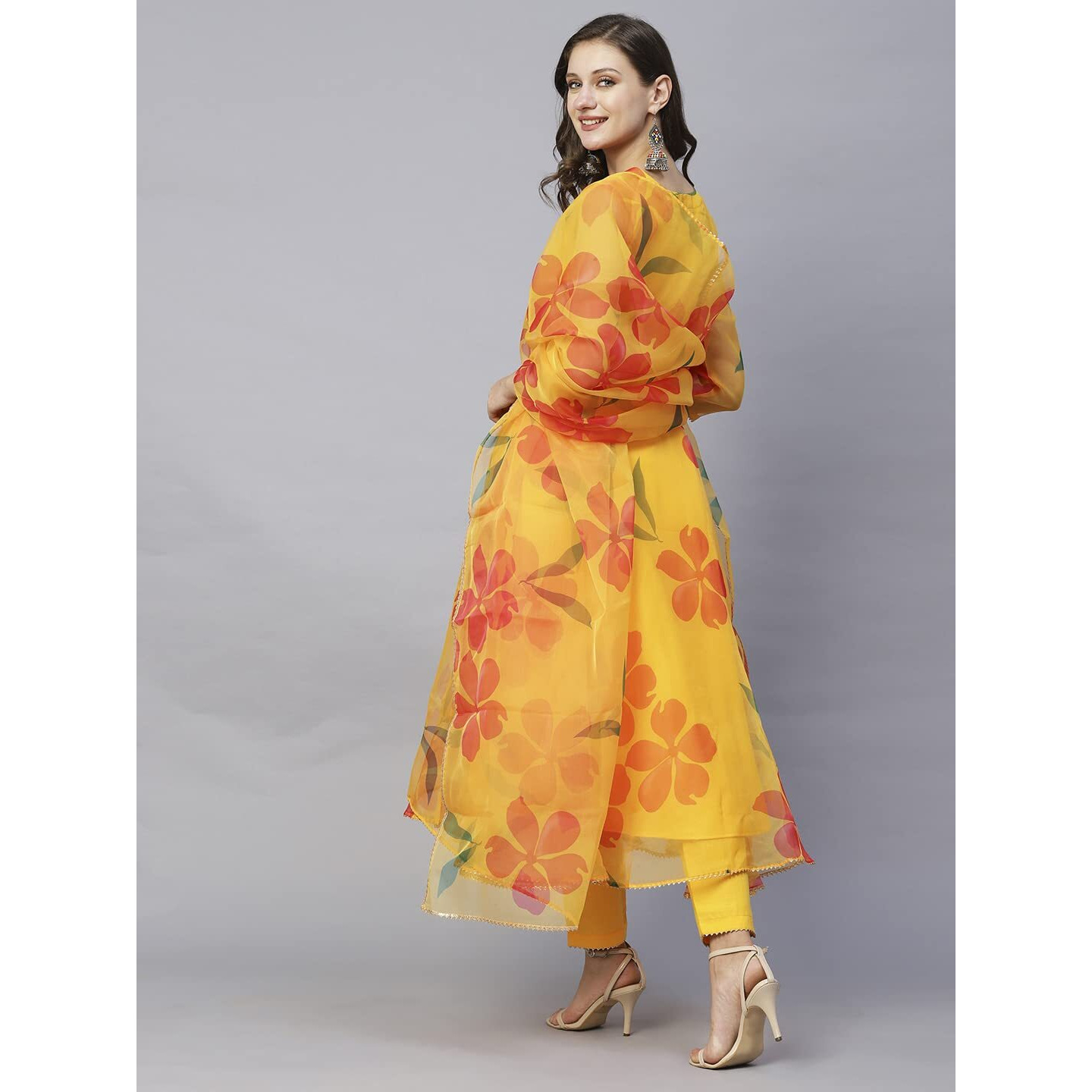 ANNI DESIGNER Women's Organza Anarkali Floral Printed Kurta with Pant & Dupatta (BHUJ-Yellow-NW_XXL_Yellow_XX-Large)