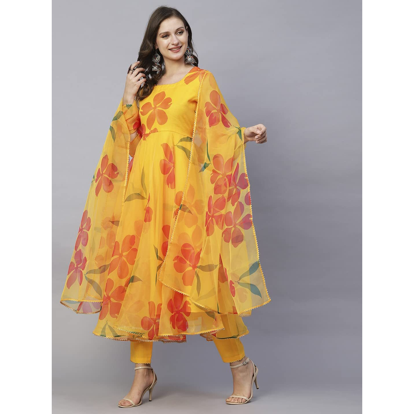 ANNI DESIGNER Women's Organza Anarkali Floral Printed Kurta with Pant & Dupatta (BHUJ-Yellow-NW_XXL_Yellow_XX-Large)