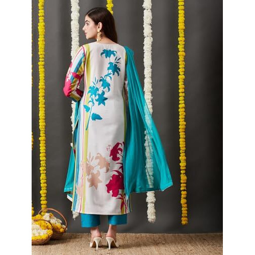 ANNI DESIGNER Women's Cotton Blend Straight Printed Kurta with Pant & Dupatta (HIBIKI Cream_S_Cream_Small)