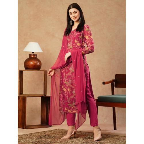 ANNI DESIGNER Women's Cotton Blend Straight Printed Kurta with Pant & Dupatta (SHOKO RED-NFB_XXL_Red_XX-Large)