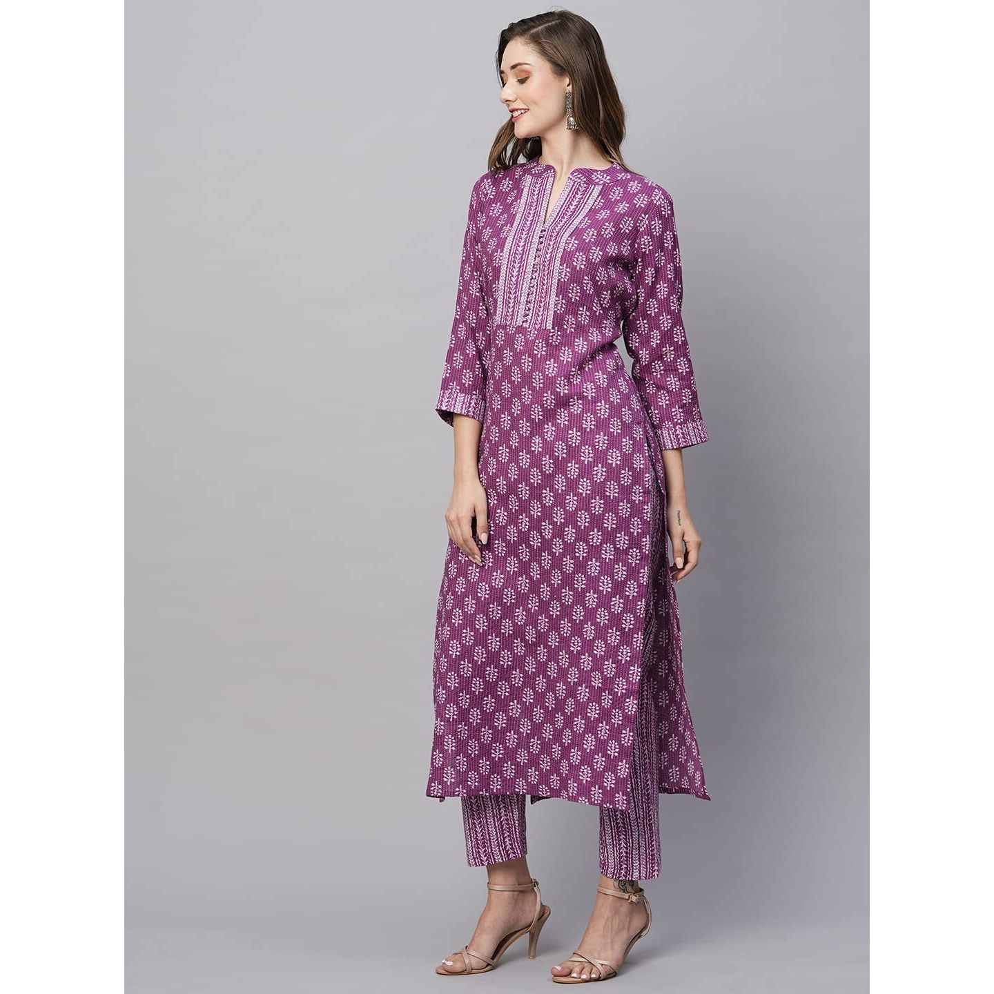 ANNI DESIGNER Women's Cotton Blend Straight Printed Kurta with Pant (Raina Purple_XL_Purple_X-Large)