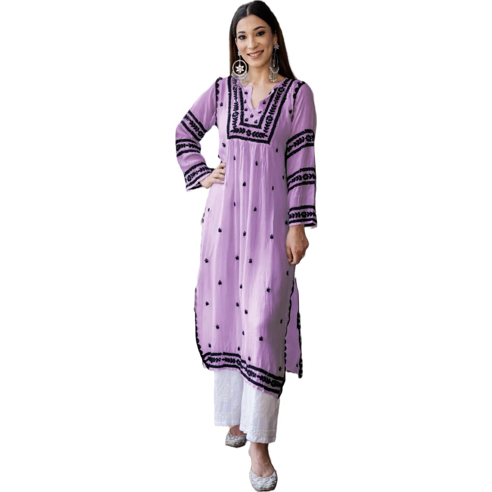 ANNI DESIGNER Women's Cotton Blend Chikankari Embroidered Straight Kurta (STHO-Purple_M_Purple_Medium)