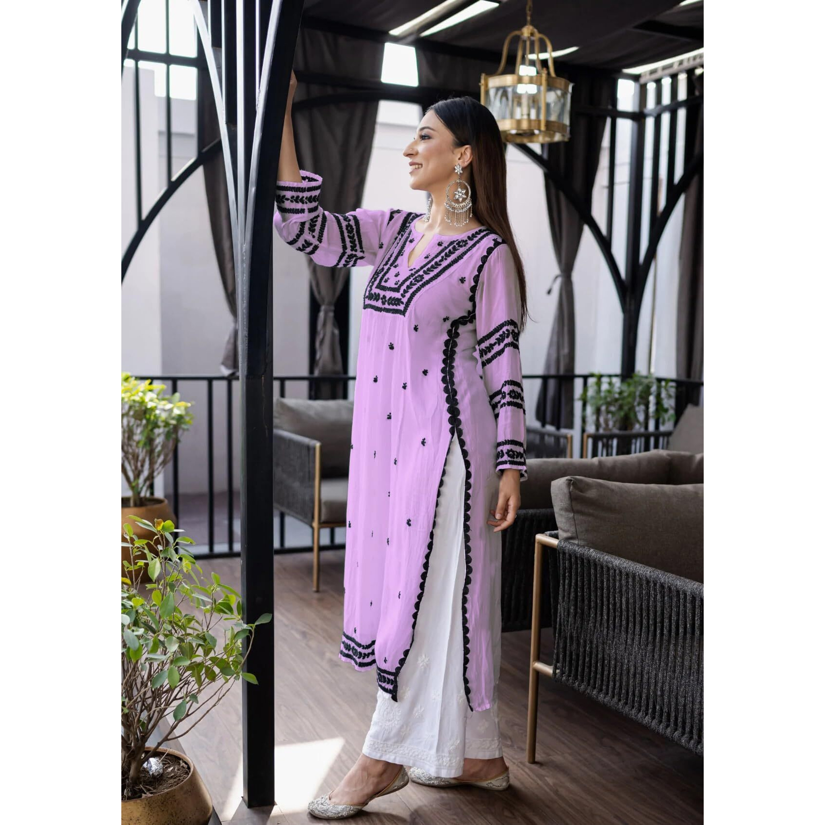 ANNI DESIGNER Women's Cotton Blend Chikankari Embroidered Straight Kurta (STHO-Purple_M_Purple_Medium)