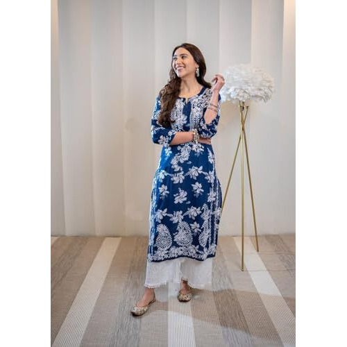 ANNI DESIGNER Women's Rayon Blend Chikankari Embroidered Straight Kurta (SCEROS-Cerosin_M_Blue_Medium)