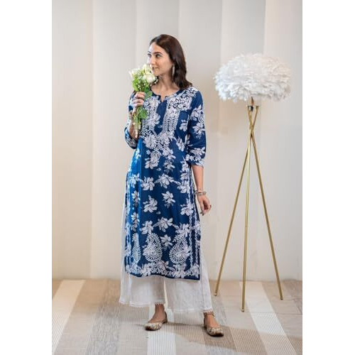 ANNI DESIGNER Women's Rayon Blend Chikankari Embroidered Straight Kurta (SCEROS-Cerosin_M_Blue_Medium)