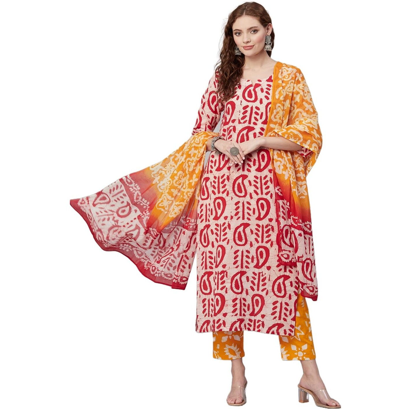 ANNI DESIGNER Women's Cotton Blend Printed Straight Kurta with Pant & Dupatta (Tiguna-Pink_L_Pink_Large)