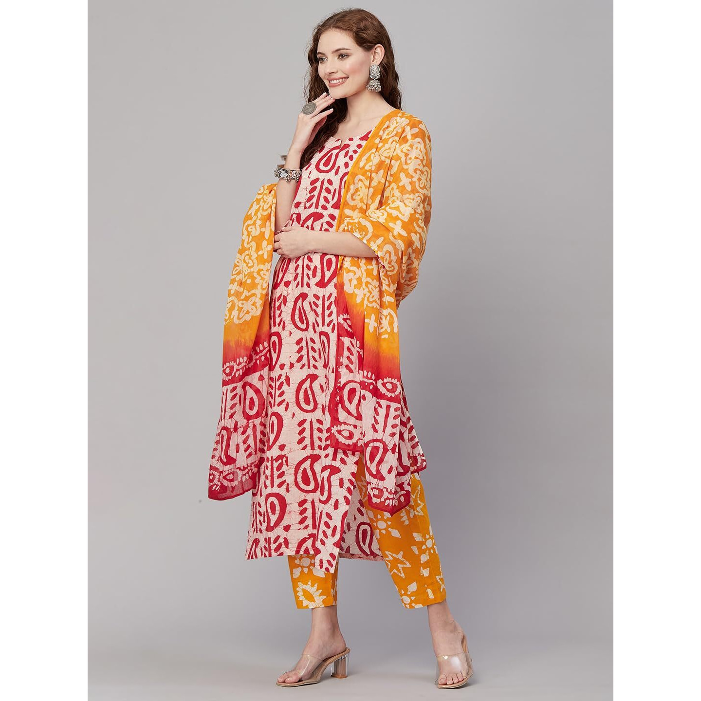 ANNI DESIGNER Women's Cotton Blend Printed Straight Kurta with Pant & Dupatta (Tiguna-Pink_L_Pink_Large)