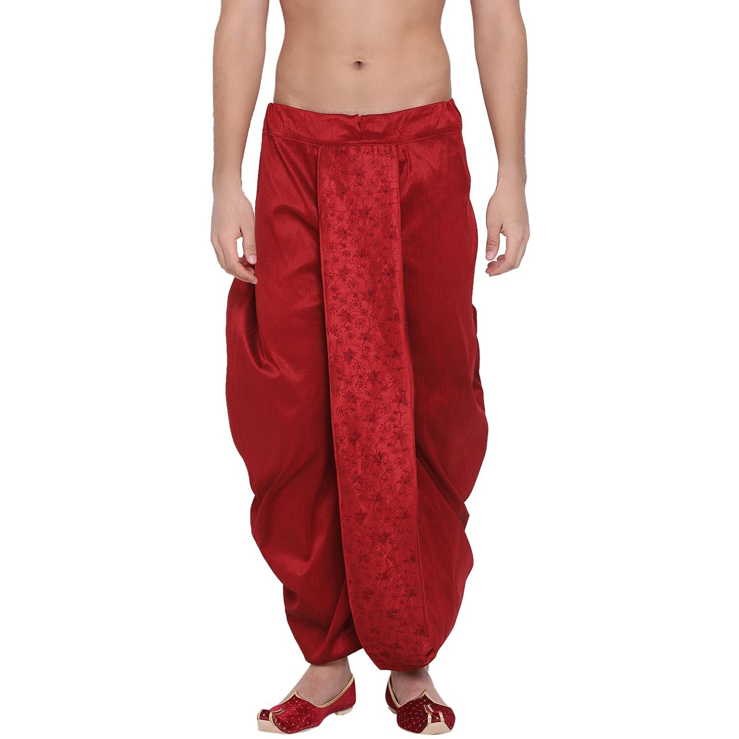 VASTRAMAY Men's Maroon Silk Blend Ethnic Dhoti(Gold_Free Size_VASMDT008MA)
