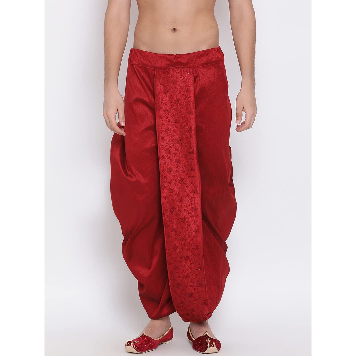 VASTRAMAY Men's Maroon Silk Blend Ethnic Dhoti(Gold_Free Size_VASMDT008MA)