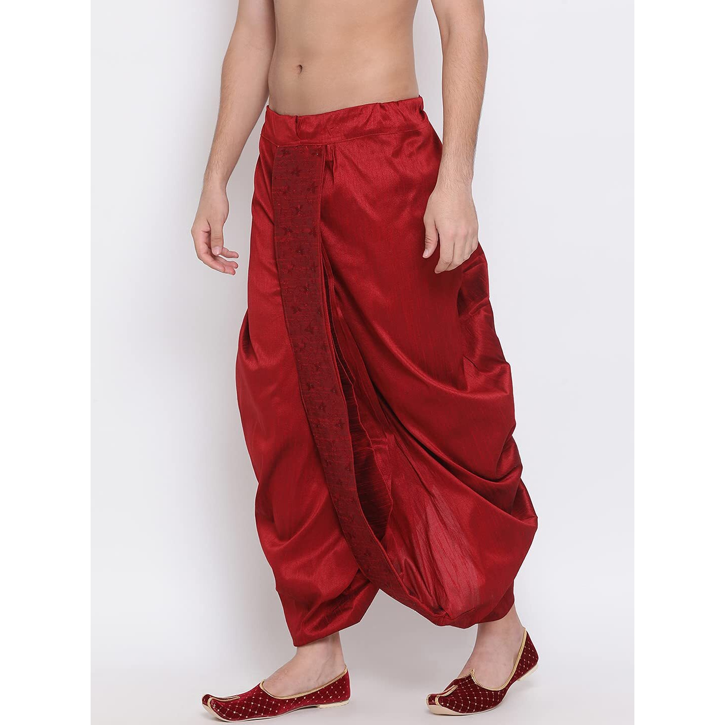 VASTRAMAY Men's Maroon Silk Blend Ethnic Dhoti(Gold_Free Size_VASMDT008MA)