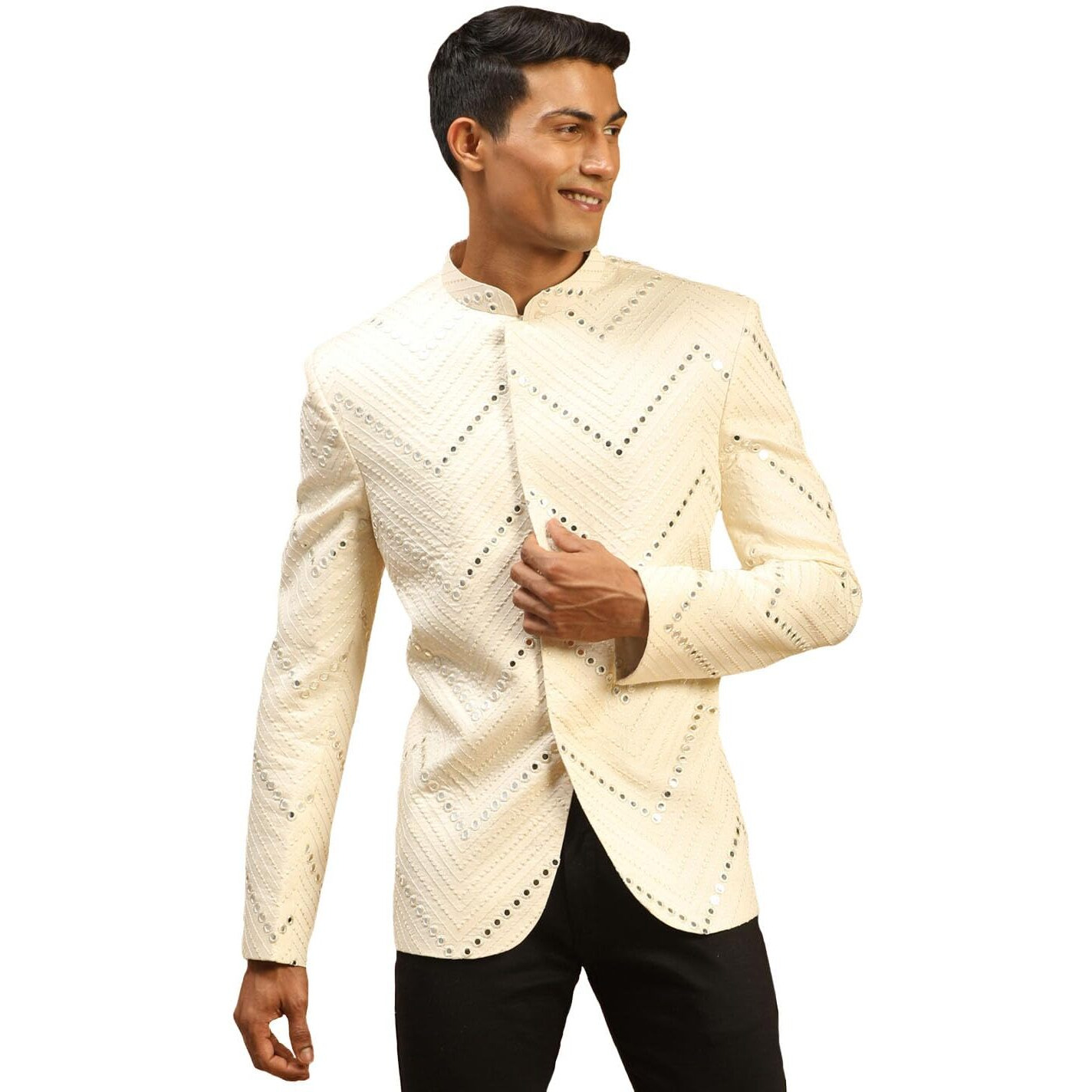 VASTRAMAY Men's Cream Viscose Jodhpuri | Mirror Work Embellished Viscose Jodhpuri Coat for Men