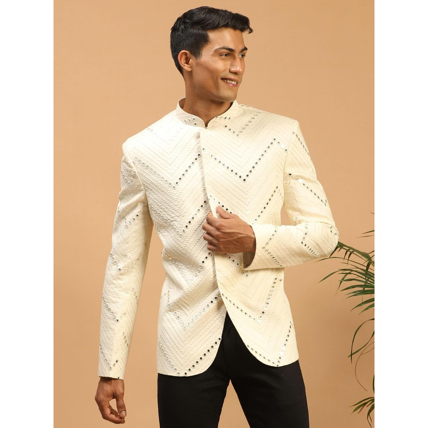 VASTRAMAY Men's Cream Viscose Jodhpuri | Mirror Work Embellished Viscose Jodhpuri Coat for Men