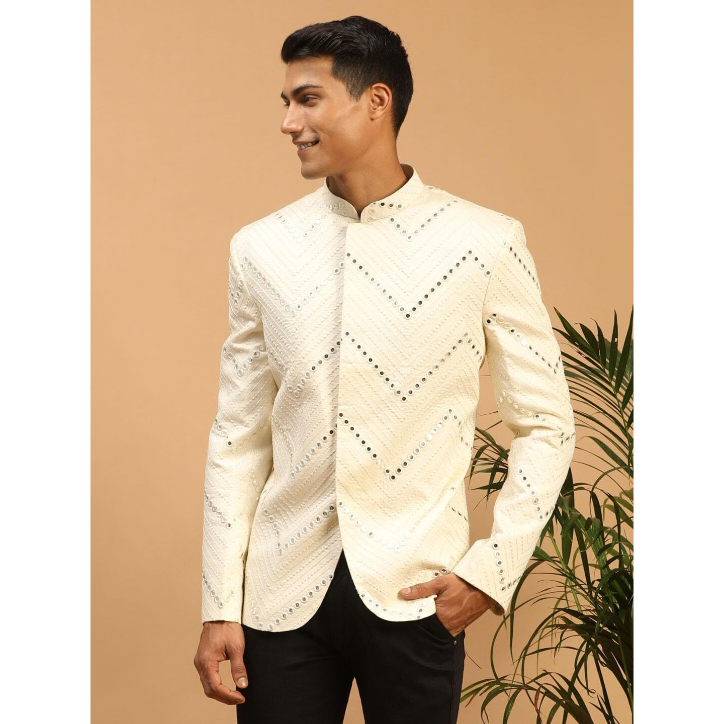 VASTRAMAY Men's Cream Viscose Jodhpuri | Mirror Work Embellished Viscose Jodhpuri Coat for Men