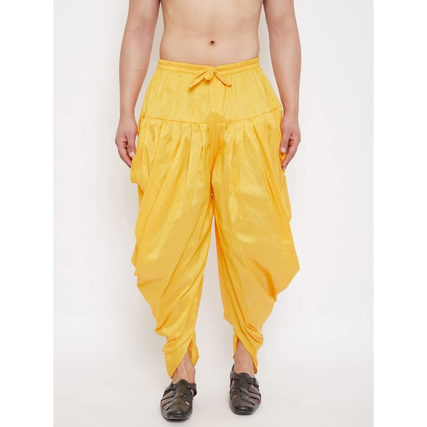 VASTRAMAY VM Mens Silk Blend Yellow Dhoti - Comfort, Classic Design for Festivals & Ceremonies | Stylish Cowl Pattern Machine Weave Dhoti Ethnic Indian Wear for Men