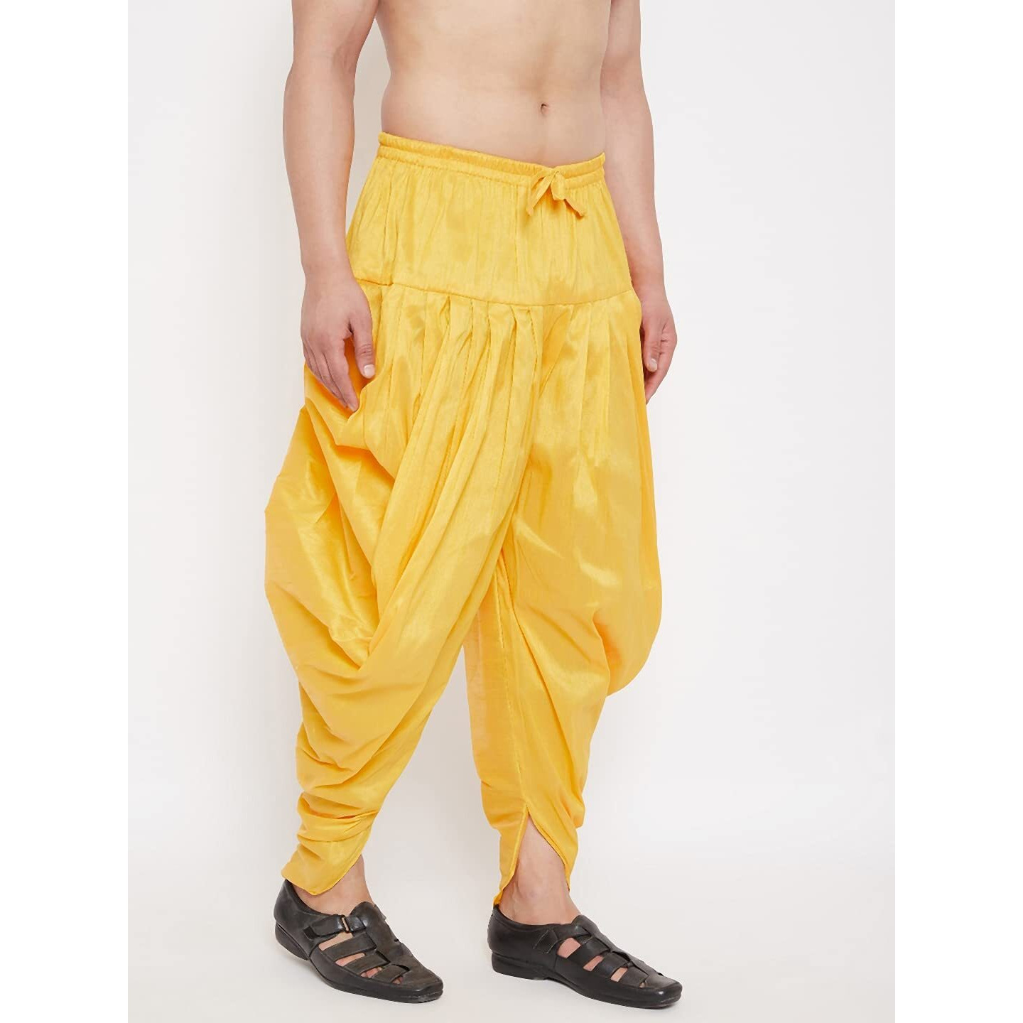 VASTRAMAY VM Mens Silk Blend Yellow Dhoti - Comfort, Classic Design for Festivals & Ceremonies | Stylish Cowl Pattern Machine Weave Dhoti Ethnic Indian Wear for Men