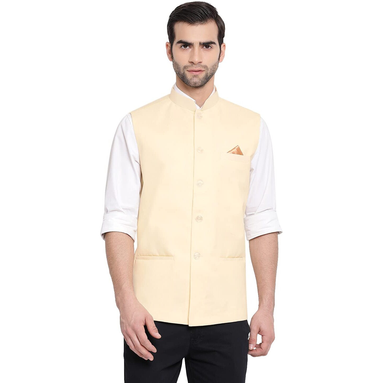 VASTRAMAY Mens Cotton Blend Cream Nehru Jacket - Timeless Style & Versatility | Classic Royal Pastal Ethnic Sleeveless Coat for Formal & Casual Wear_VASMJ049CR_42