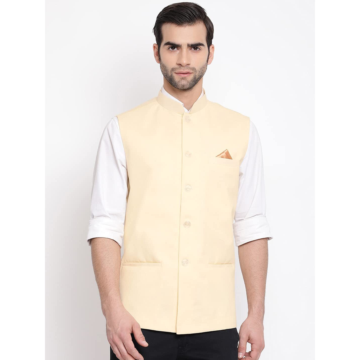 VASTRAMAY Mens Cotton Blend Cream Nehru Jacket - Timeless Style & Versatility | Classic Royal Pastal Ethnic Sleeveless Coat for Formal & Casual Wear_VASMJ049CR_42