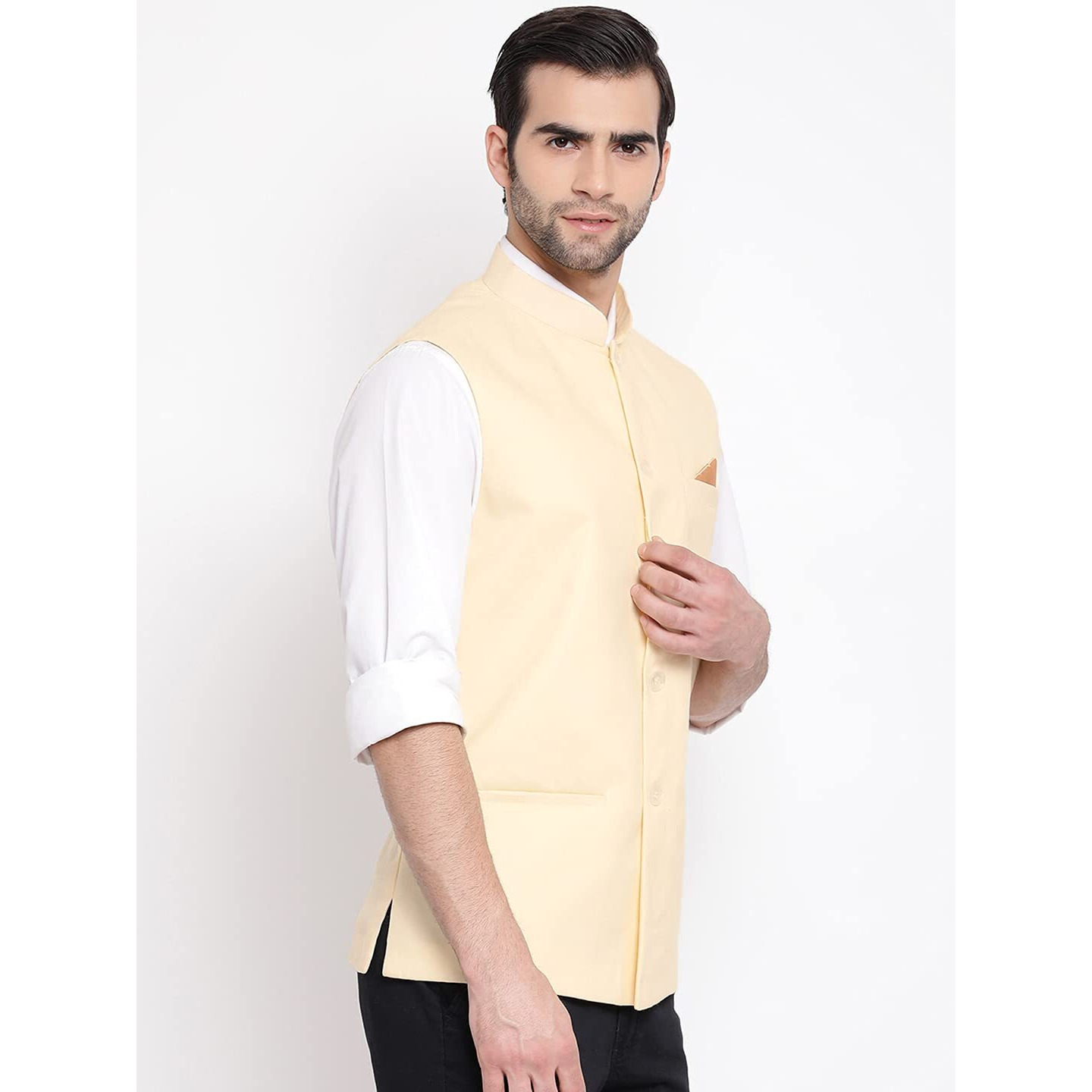 VASTRAMAY Mens Cotton Blend Cream Nehru Jacket - Timeless Style & Versatility | Classic Royal Pastal Ethnic Sleeveless Coat for Formal & Casual Wear_VASMJ049CR_42