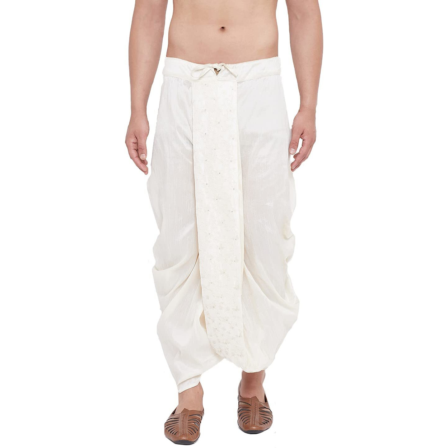 VASTRAMAY Men's Cream Silk Blend Embroidered Ethnic Dhoti(Gold_Free Size_VASMDT008CR)