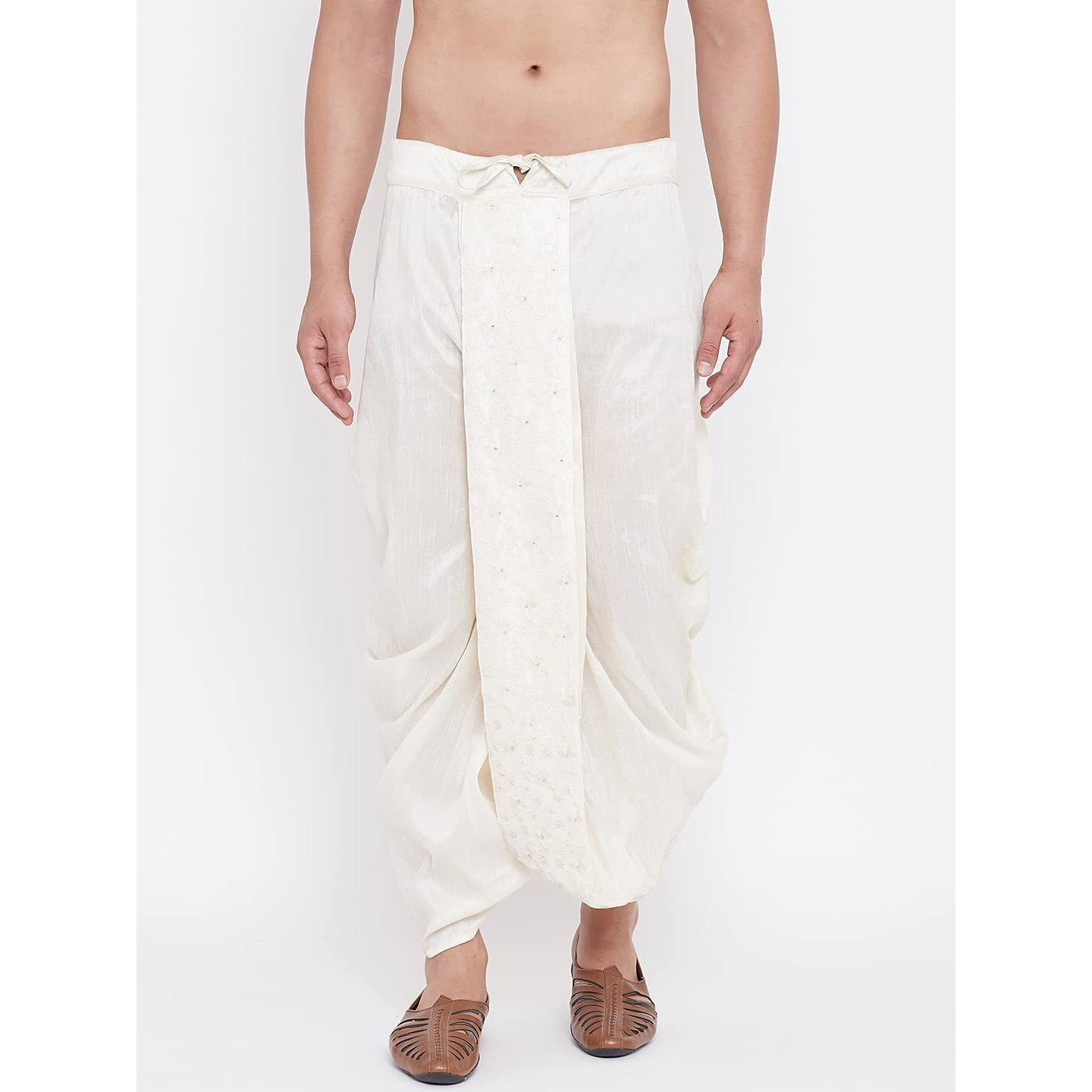 VASTRAMAY Men's Cream Silk Blend Embroidered Ethnic Dhoti(Gold_Free Size_VASMDT008CR)