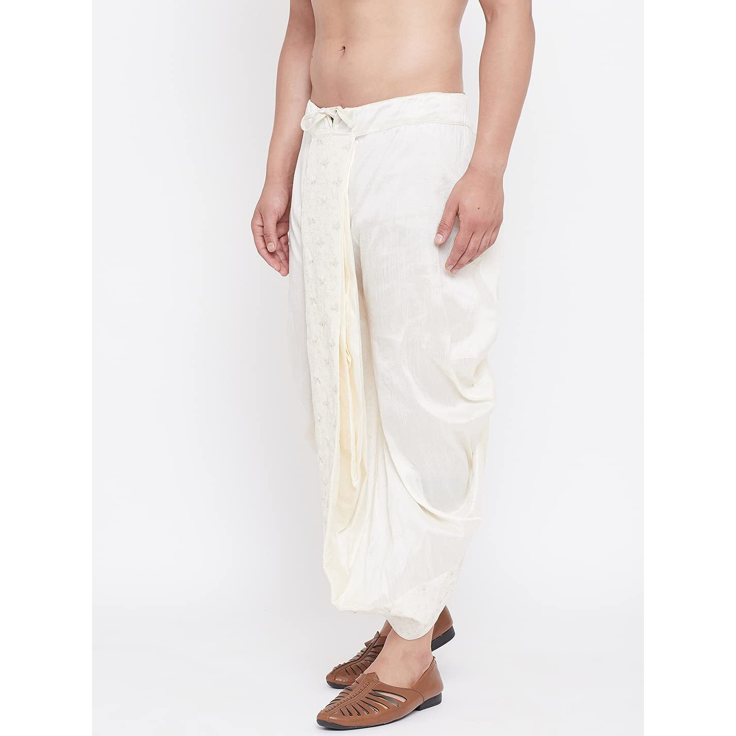 VASTRAMAY Men's Cream Silk Blend Embroidered Ethnic Dhoti(Gold_Free Size_VASMDT008CR)