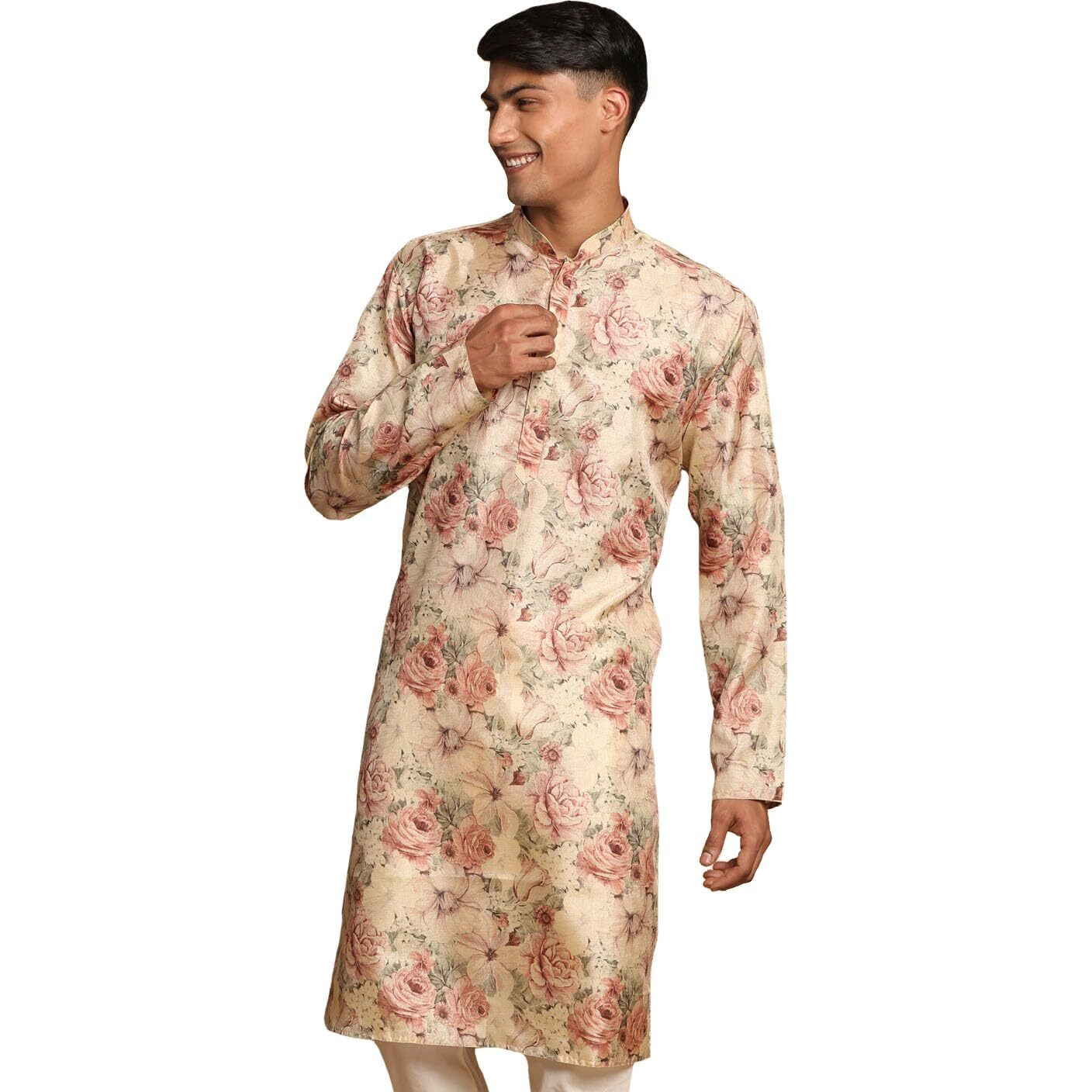 VASTRAMAY Men's Brown Silk Blend Kurta | A Stylish Flower Printed Straight Kurta In Silk Blend Fabric - Traditional for Navratri & Diwali, Wedding