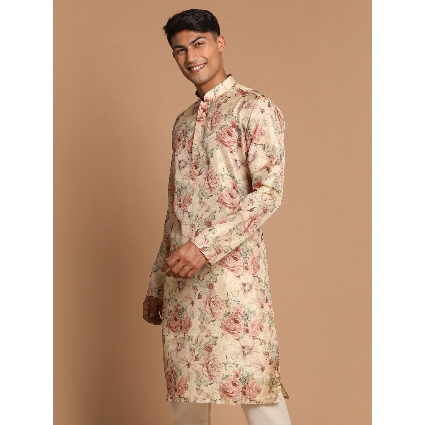 VASTRAMAY Men's Brown Silk Blend Kurta | A Stylish Flower Printed Straight Kurta In Silk Blend Fabric - Traditional for Navratri & Diwali, Wedding