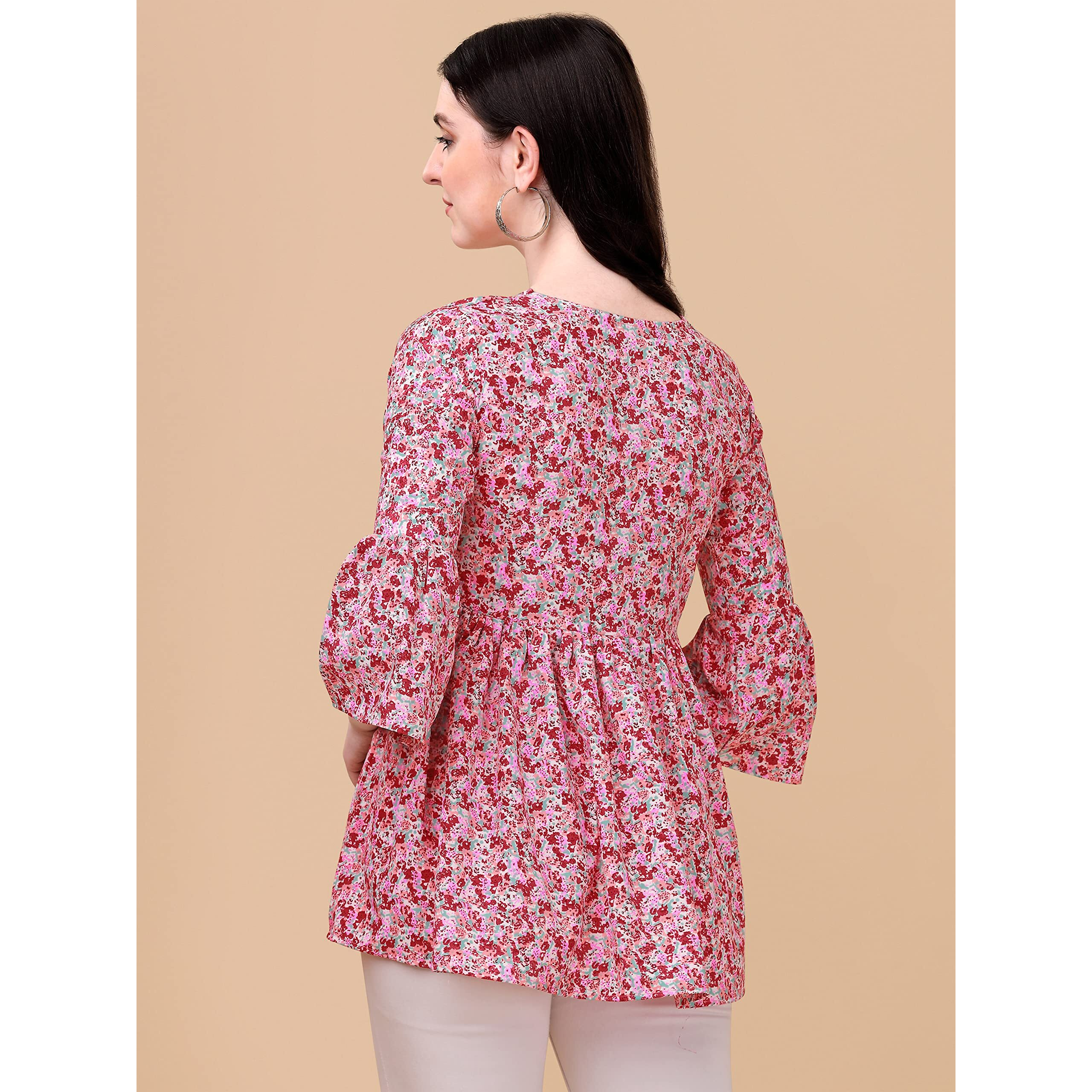 Wedani Women's Casual Bell Sleeves V-Neck Foral Top (Medium, Pink)