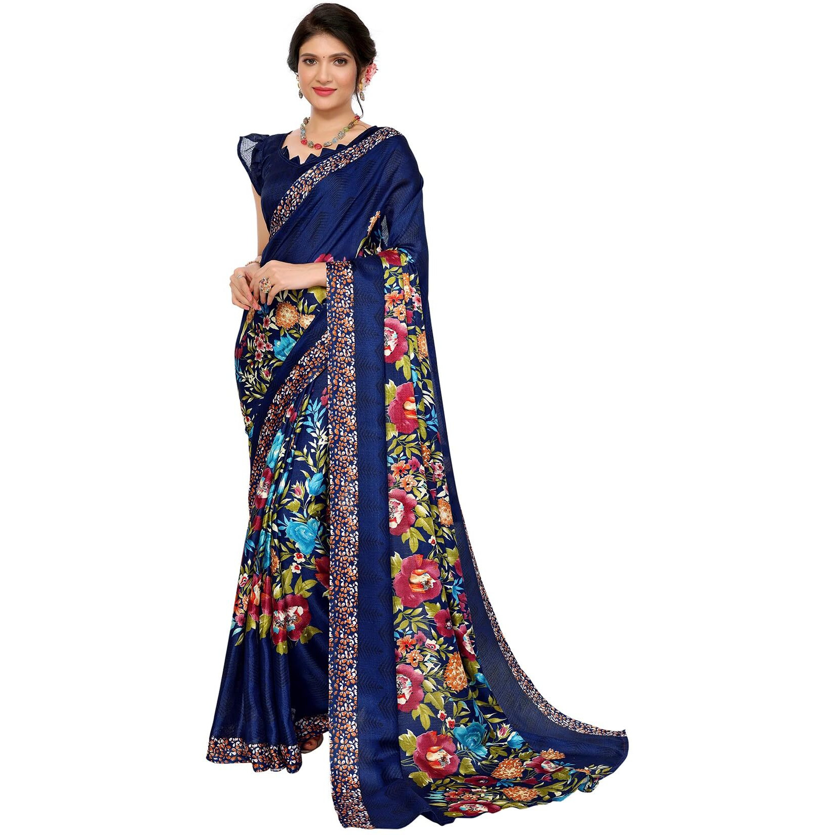 Yashika Women's Plain Art Silk Floral Print Georgette Saree with Lace and Unstitched Blouse Material (AZ-YS-P1-SHANU Navy-New