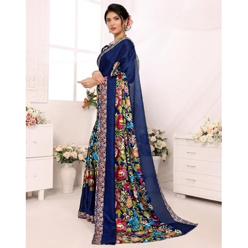 Yashika Women's Plain Art Silk Floral Print Georgette Saree with Lace and Unstitched Blouse Material (AZ-YS-P1-SHANU Navy-New
