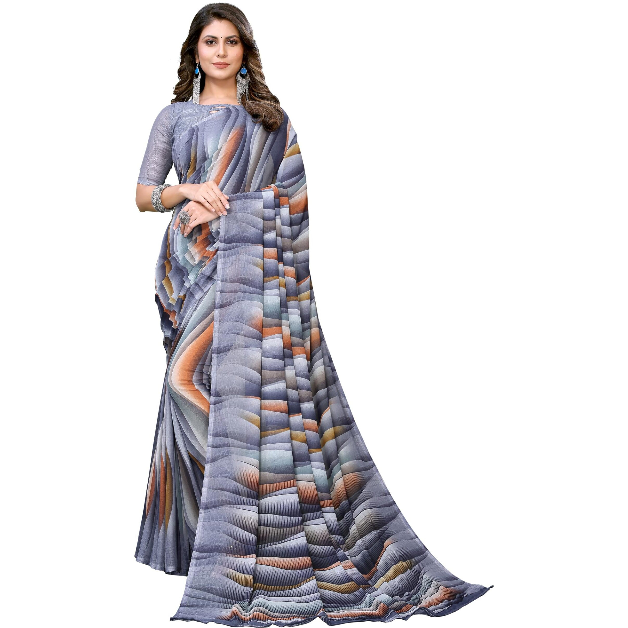 Yashika Women's Trendy Printed Georgette Grey Color Saree with Blouse Material(RESHMA GREY)