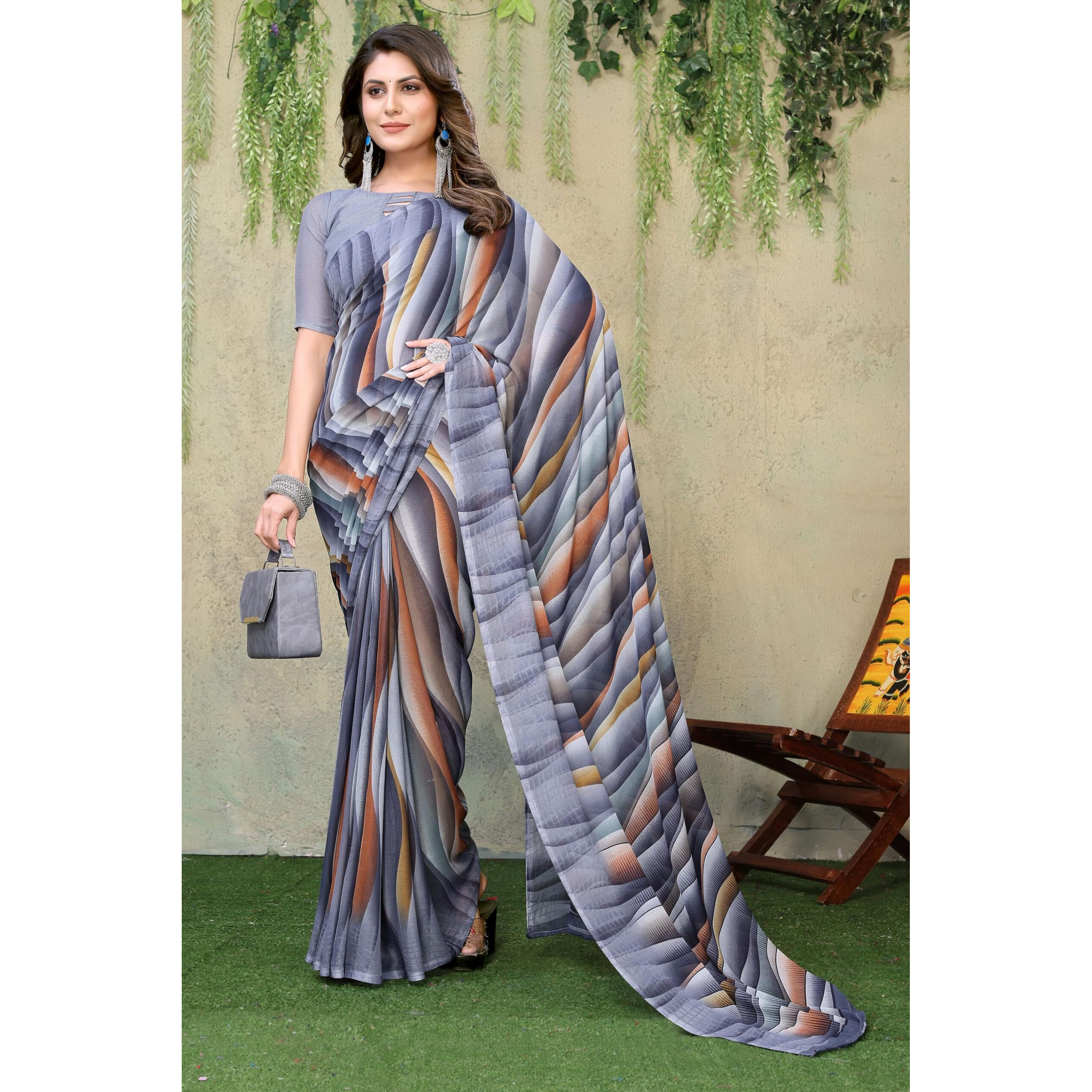 Yashika Women's Trendy Printed Georgette Grey Color Saree with Blouse Material(RESHMA GREY)