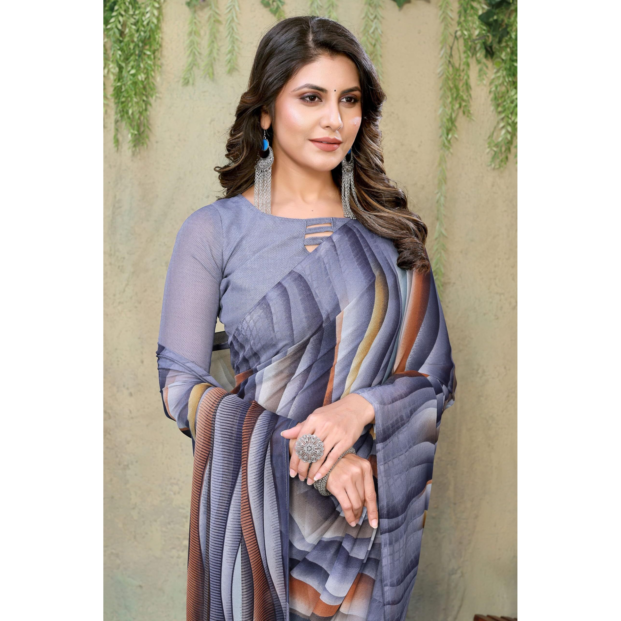 Yashika Women's Trendy Printed Georgette Grey Color Saree with Blouse Material(RESHMA GREY)