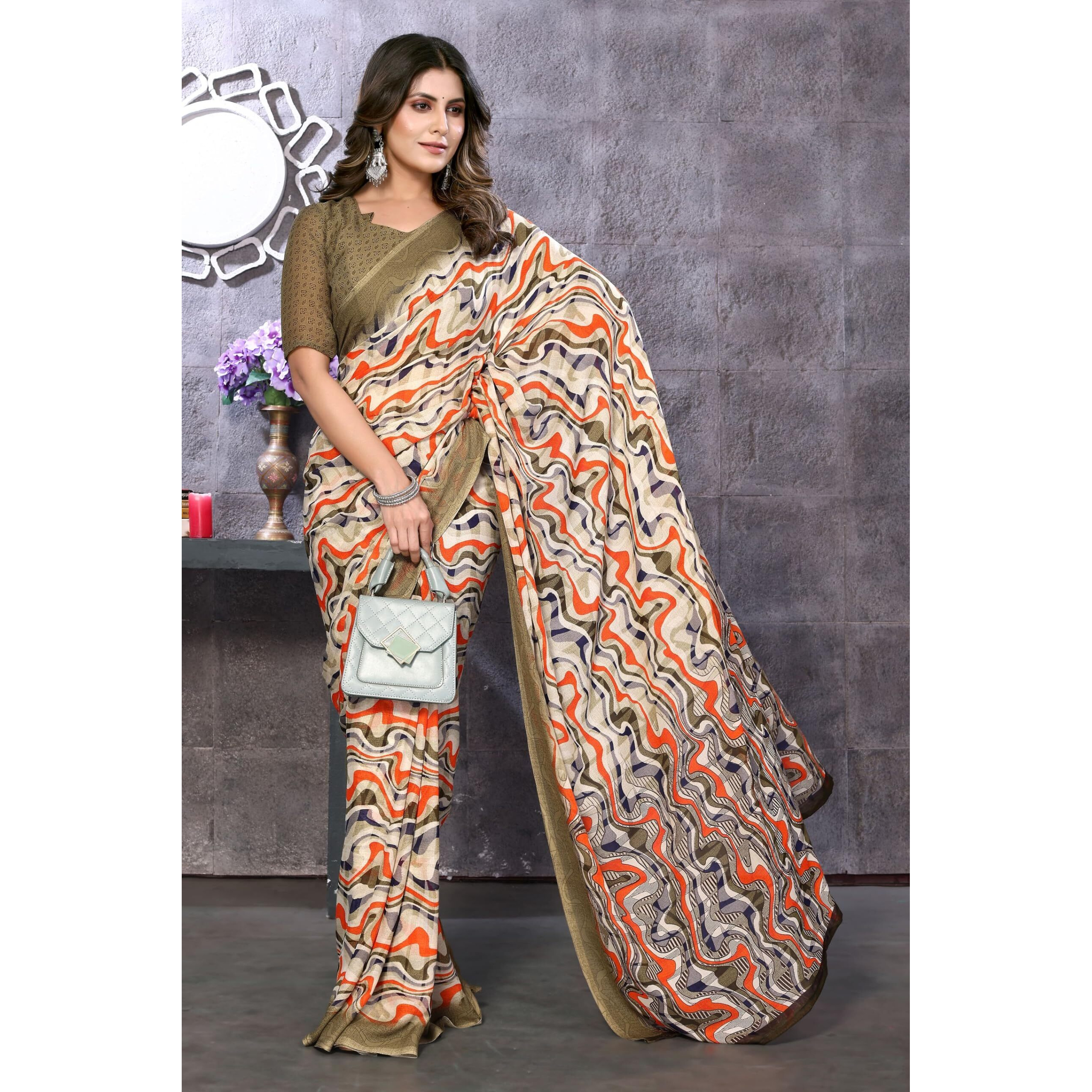 Yashika Women's Trendy Georgette Brown Color Saree with Blouse Material(LAVYA BROWN)